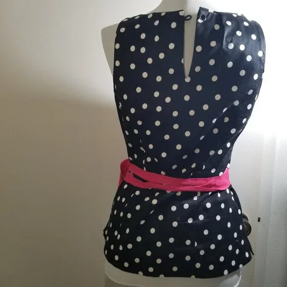 White House Black Market brand polka dot top in black with pink belt, size 2 - Picture 6 of 11